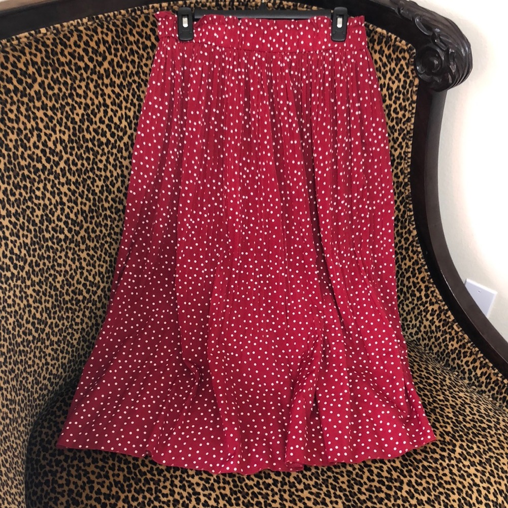Red and White A-Line Pleated Midi Skirt